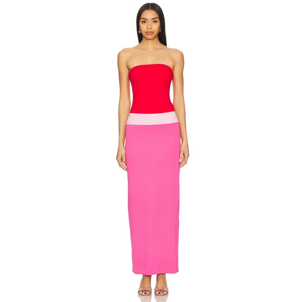 NWOT Lovers + Friends Penny Maxi Dress Pink Multi Red Colorblock Strapless Sz SM